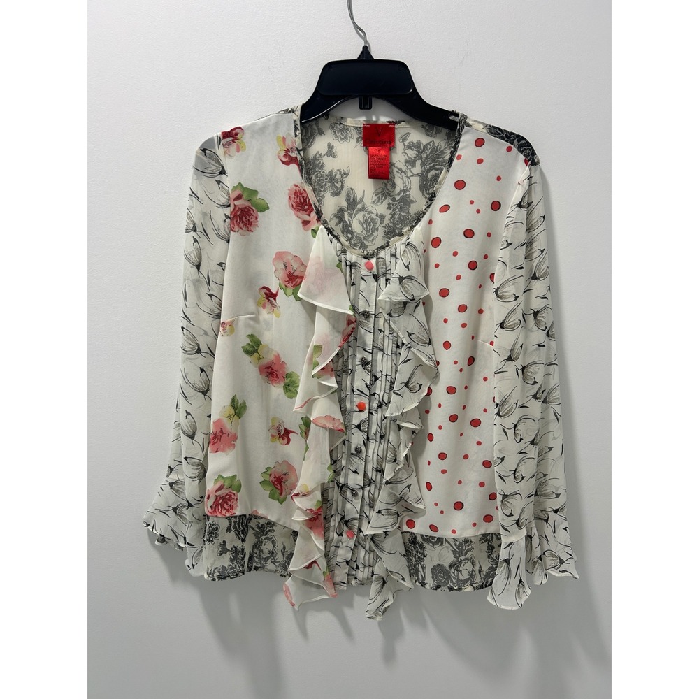V Cristina Mixed Print Ruffle Blouse Floral Polka Dot Whimsical Top Womens Large